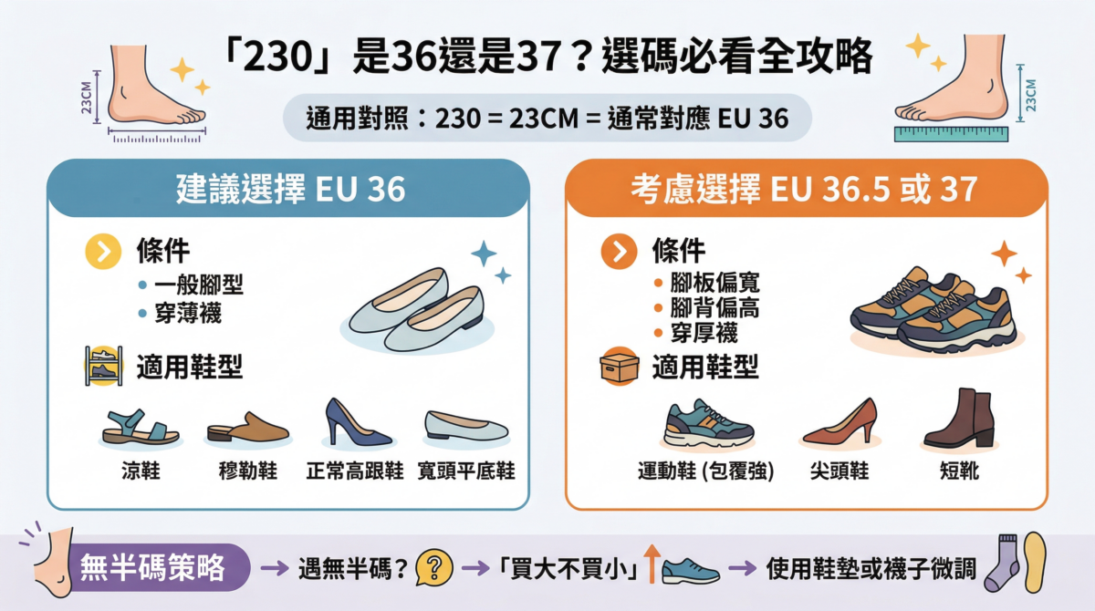 230碼選鞋指南資訊圖，對比 EU 36 與 37 的選擇情境，包含腳型、鞋款（涼鞋、運動鞋、尖頭鞋）與襪子厚度對尺碼選擇的影響分析。