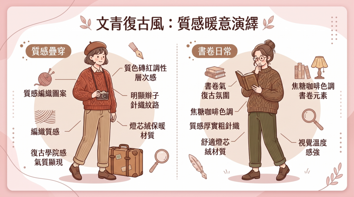 選擇一件編織紋路明顯的粗針織毛衣，搭配燈芯絨長褲，視覺上的溫度感非常強。