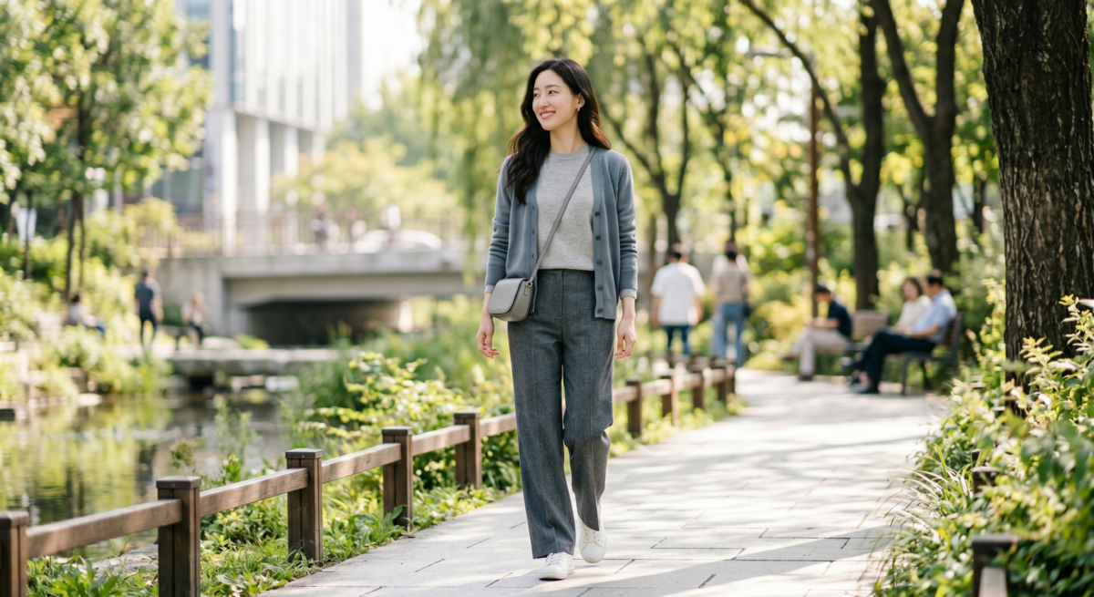 灰藍色搭配淺灰或灰色，能把低飽和色調穿得更有層次，整體看起來簡約、耐看又很有質感。
