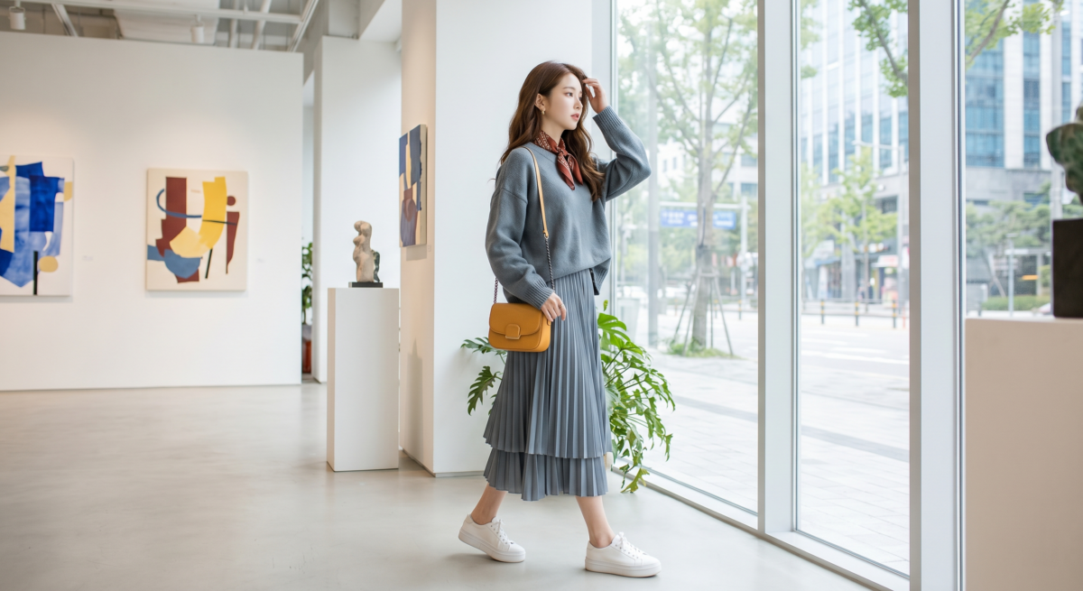 灰藍色搭配芥末黃或紅棕色時，適合用小面積點綴來增加對比感，整體會更時髦有記憶點，又不會太用力。