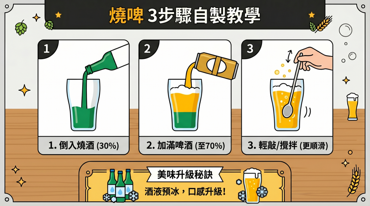 燒啤調配比例教學資訊圖：3步驟製作黃金比例Somaek，包含3成燒酒與7成啤酒的混合技巧及冰鎮建議。