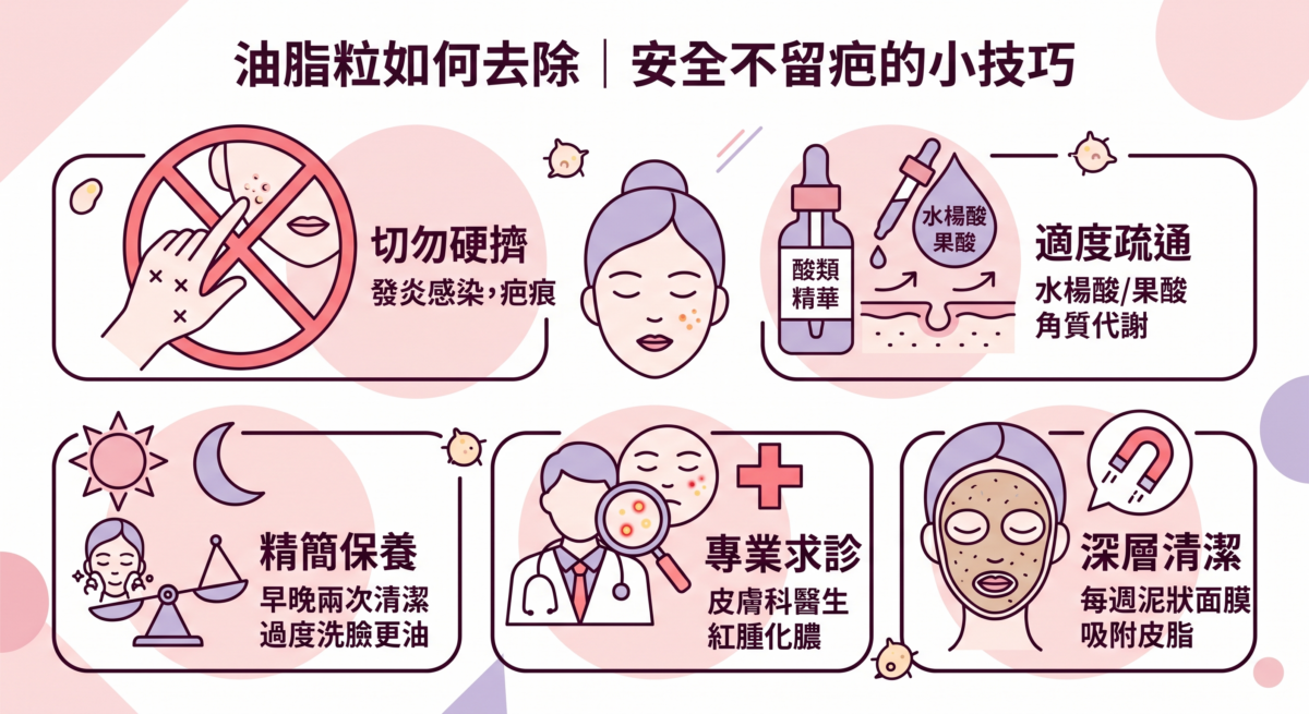 標題為「油脂粒如何去除」的資訊圖，分享五個安全不留疤的技巧，包含切勿硬擠、使用酸類疏通、精簡保養、專業求診及定期深層清潔。
