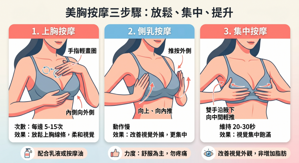 美胸按摩三招教學資訊圖：包含上胸畫圈放鬆、側乳向內推按、以及腋下集中按摩的步驟說明，強調改善視覺外擴感的正確保養方式。
