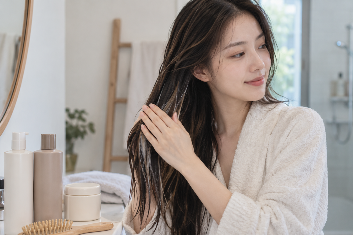 黑髮挑染女生在浴室塗抹護髮產品，改善漂染後髮絲乾燥及打結問題。