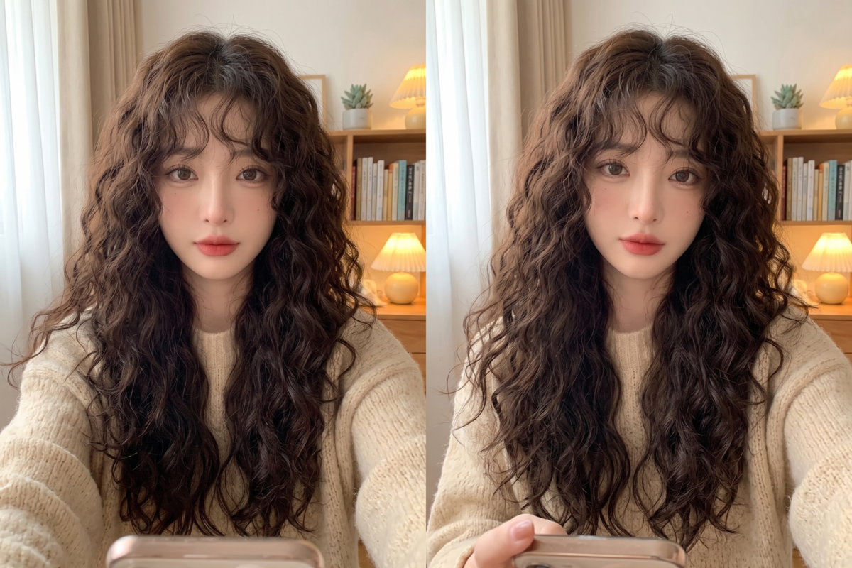 這款蓬鬆慵懶的長羊毛卷髮型，散發著復古溫柔的法式氣息。