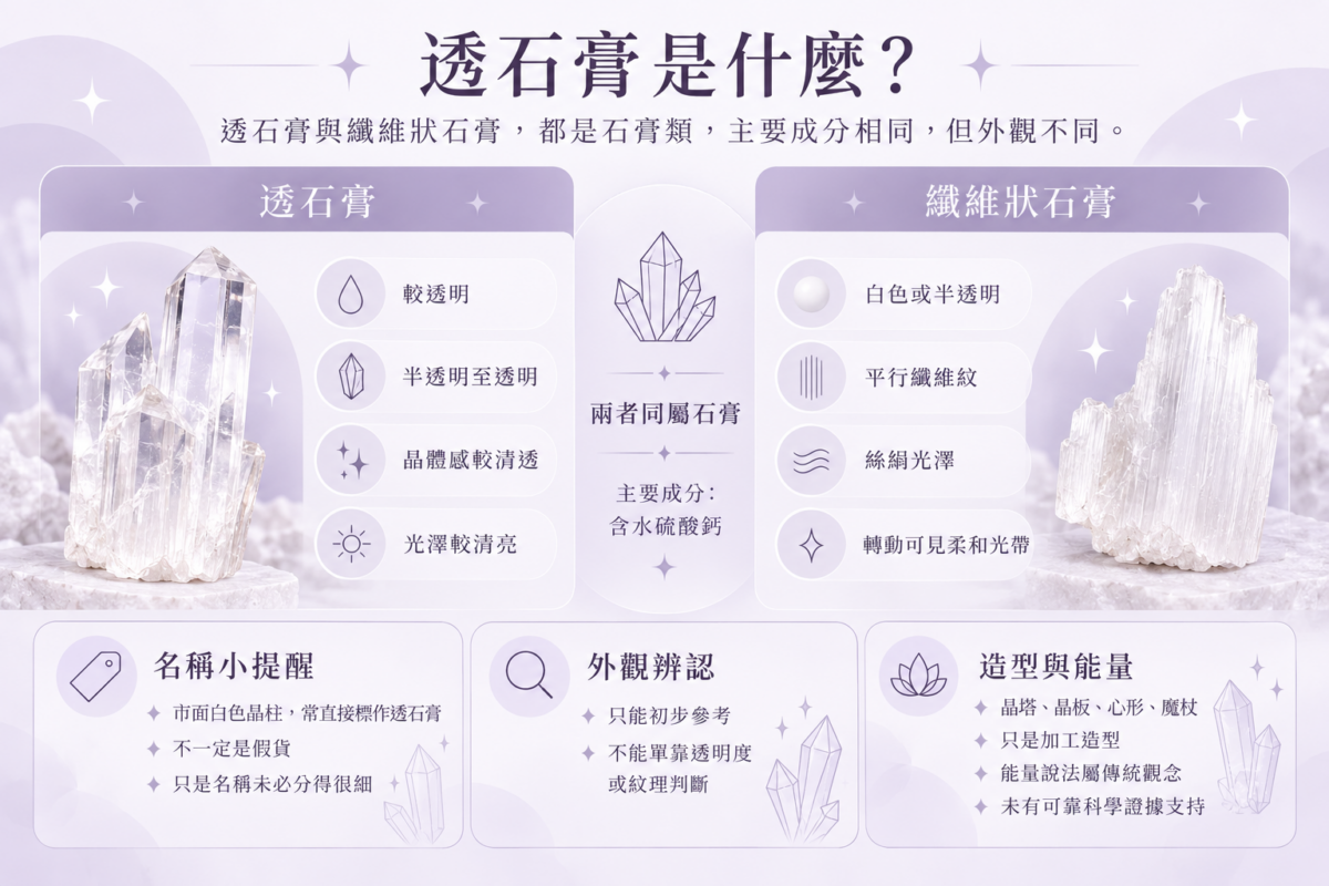 透石膏與纖維狀石膏比較圖解，展示兩者的透明度、纖維紋、光澤及主要成分，並整理名稱與外觀辨認重點。