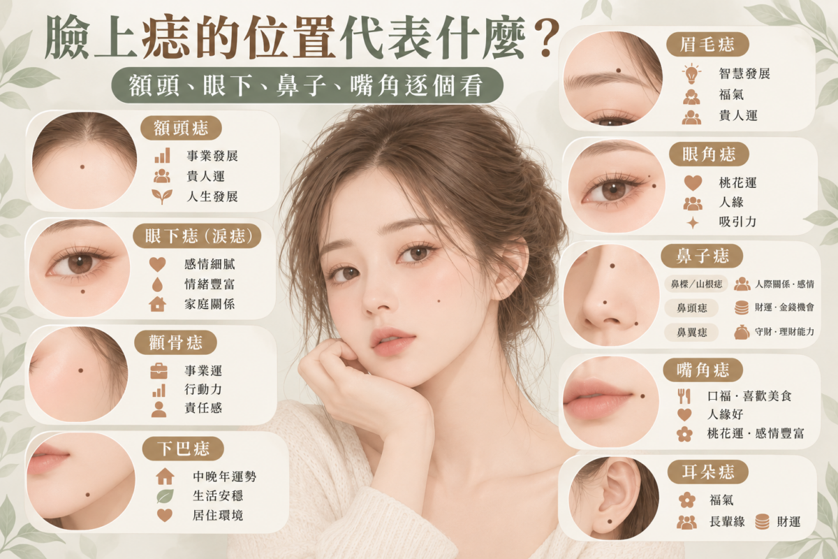 臉上痣的位置圖解，整理額頭、眉毛、眼下、眼角、顴骨、鼻子、嘴角、下巴及耳朵9個常見痣的位置，以及傳統痣相中的事業、財運、桃花與人緣寓意。