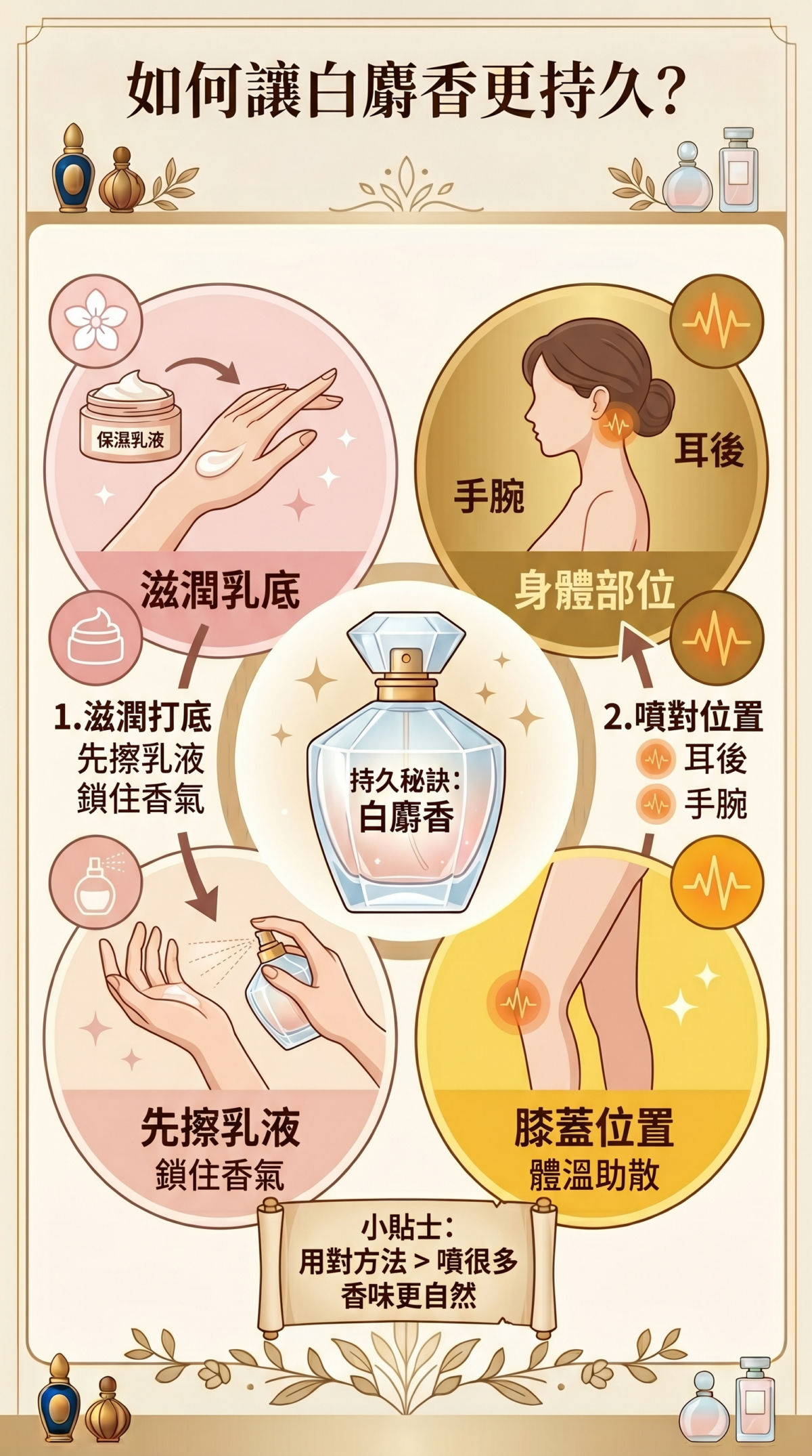 白麝香持久留香技巧圖解，包含乳液打底保濕步驟以及耳後、手腕、膝後等身體脈搏點噴灑位置標示。