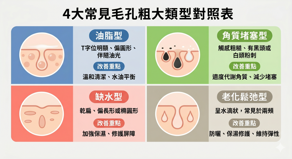 4類毛孔粗大類型比較圖：油脂型、角質堵塞型、缺水型與老化鬆弛型之特徵、成因與改善保養重點對照表。