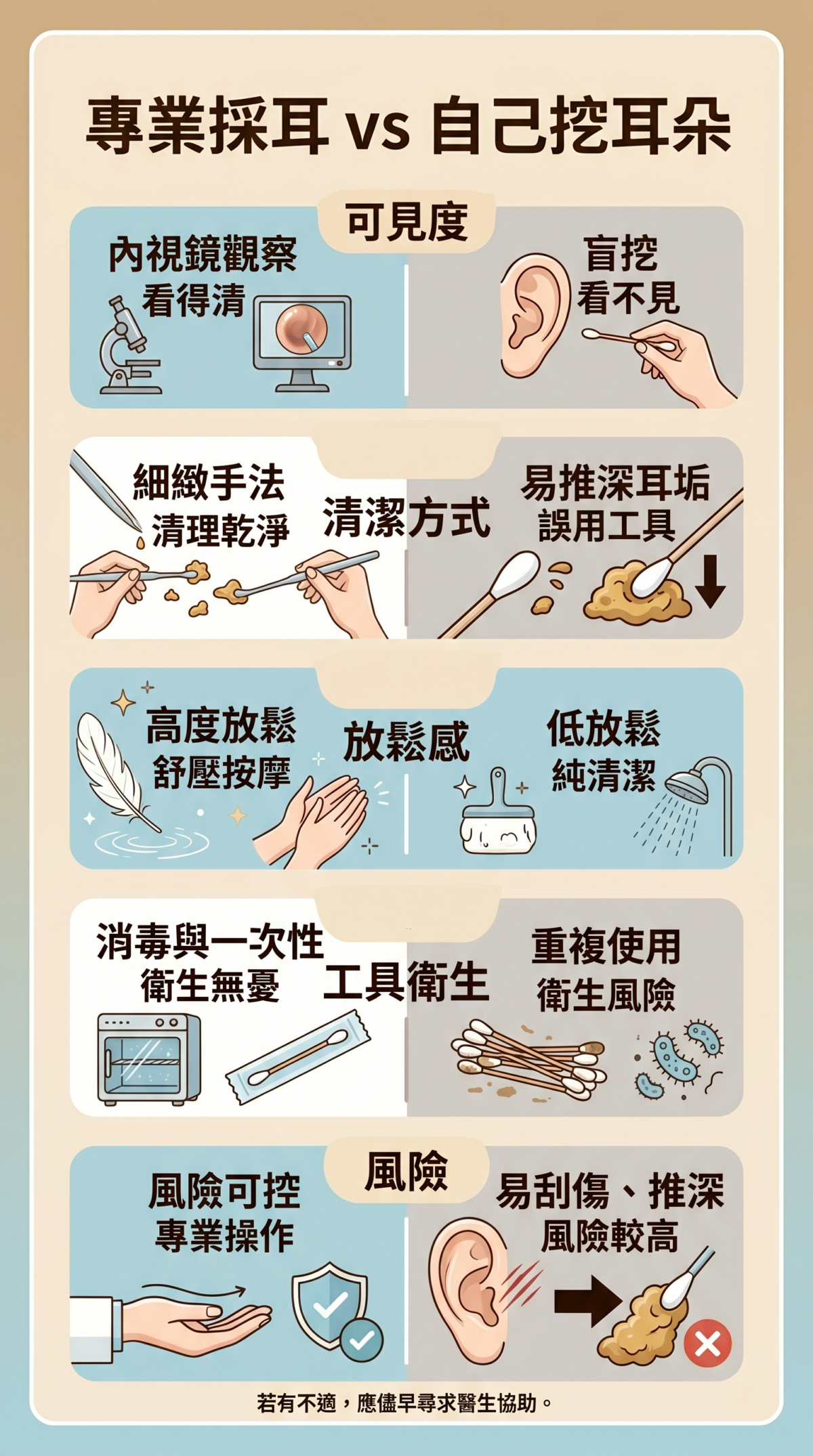 採耳與自己挖耳比較圖：從可見度、清潔方式、放鬆感、衛生程度及潛在風險五個面向分析專業採耳與盲挖的差異。