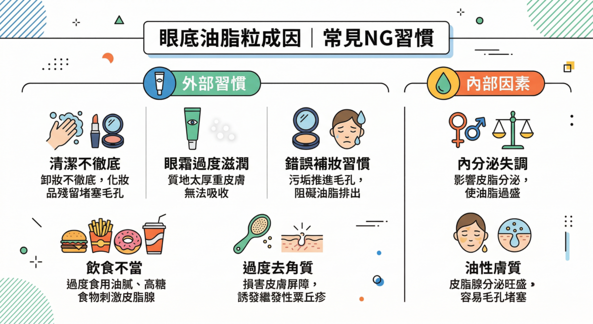 這是一張關於「眼底油脂粒成因與常見 NG 習慣」的衛教圖解插畫。內容分為「外部習慣」與「內部因素」。