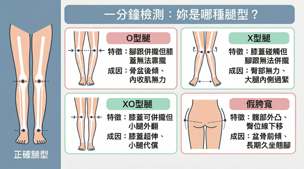 腿型自我檢測圖:O型腿、X型腿、XO型腿與假胯寬的特徵對照及成因分析,教你如何判斷腿型不直的原因。