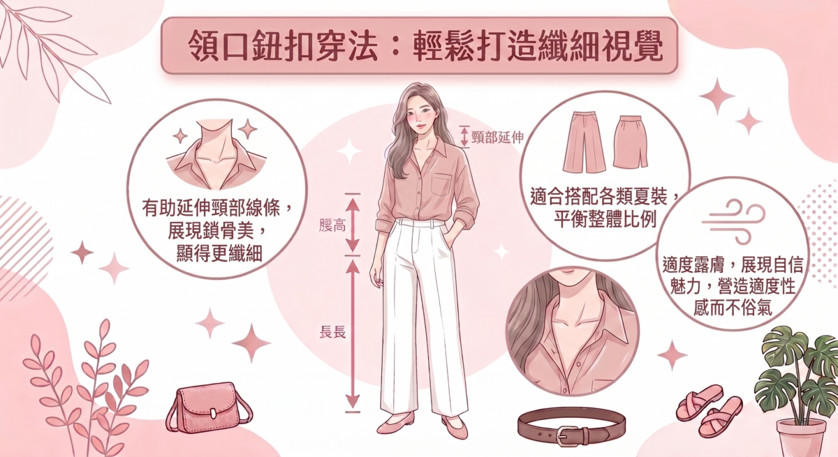 想要提升氣質，領口適度解開兩顆鈕扣就是打造法式知性感的必備細節。