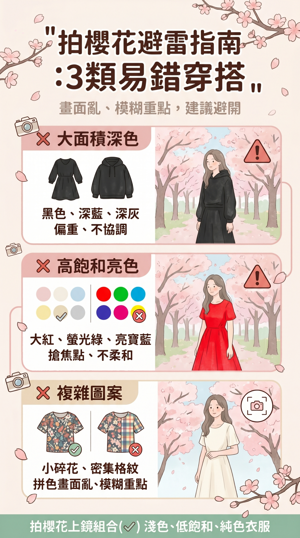 櫻花攝影穿搭禁忌資訊圖：列出大面積深色、高飽和亮色及複雜圖案等三類容易出錯的服裝選擇，說明其對攝影畫面的影響。