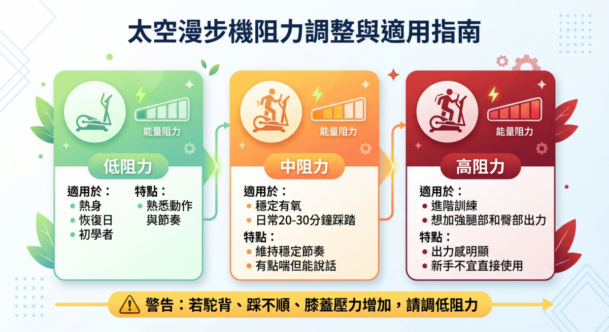 太空漫步機阻力分級建議圖：分為低、中、高三個等級，分別對應熱身新手、日常有氧及進階腿臀訓練。