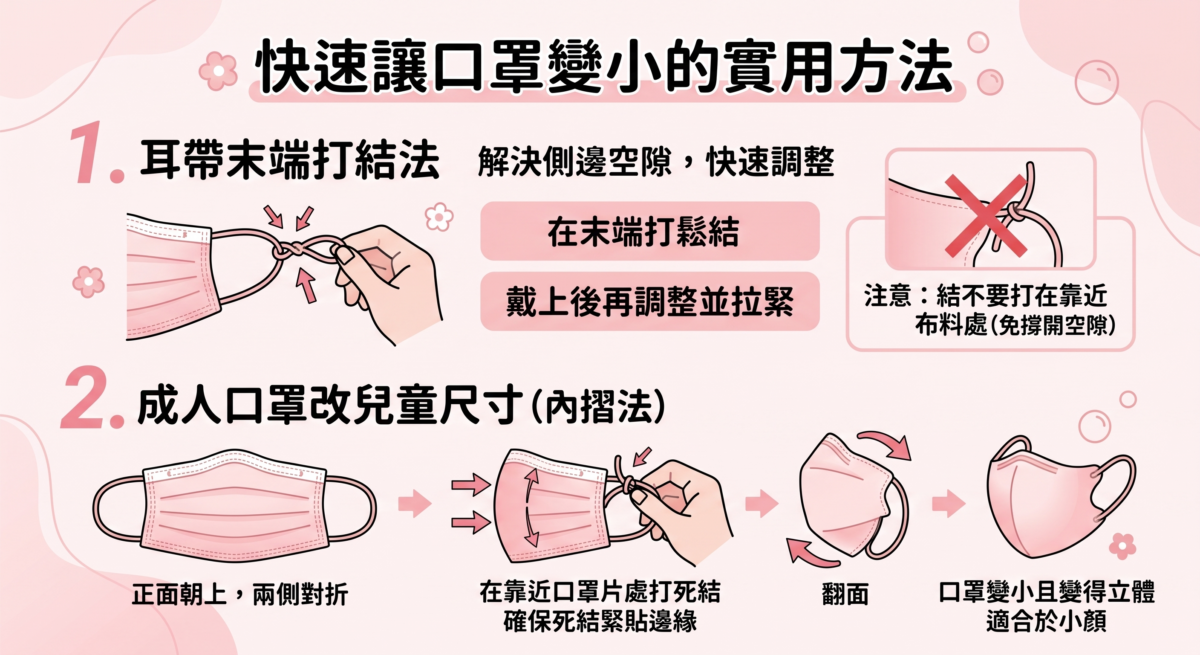 這張圖解介紹兩種讓口罩變小的方法。方法 1是耳帶末端打結法，在耳帶末端打鬆結，戴上後再調整並拉緊即可。方法 2是成人口罩改兒童尺寸（內摺法）只需在靠近口罩片處打死結，確保死結緊貼邊緣。