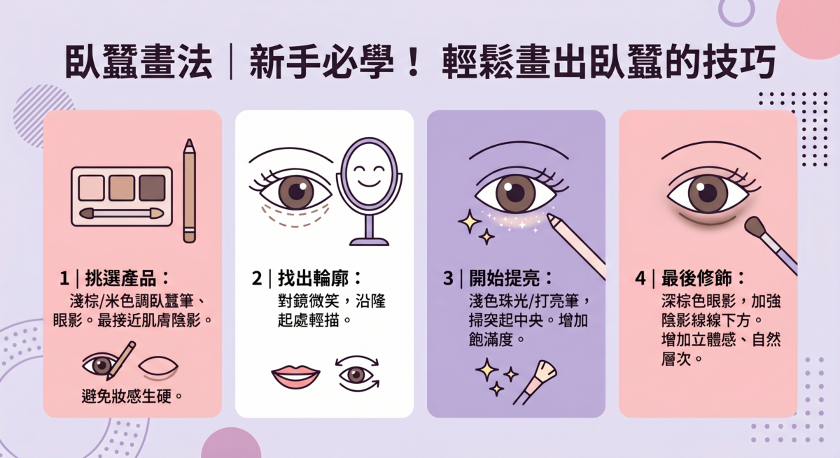 這張圖展出「臥蠶畫法」的教學圖為新手提供四個步驟：首先挑選接近膚色的產品，接著透過微笑找出隆起輪廓，再以珠光產品提亮中央增加飽滿度，最後用深棕色眼影在陰影線下方加強修飾，營造立體自然的層次感。