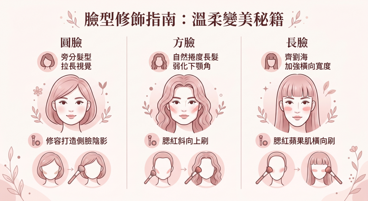 一張關於「臉型修飾指南」的圖表，針對圓臉、方臉及長臉提供髮型與妝容建議。