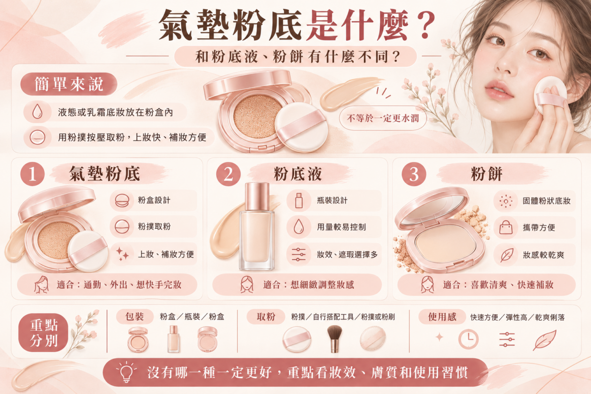 氣墊粉底、粉底液與粉餅比較圖:包含三者包裝形態、妝效特色、遮瑕便利度及適用膚質與情境對照。