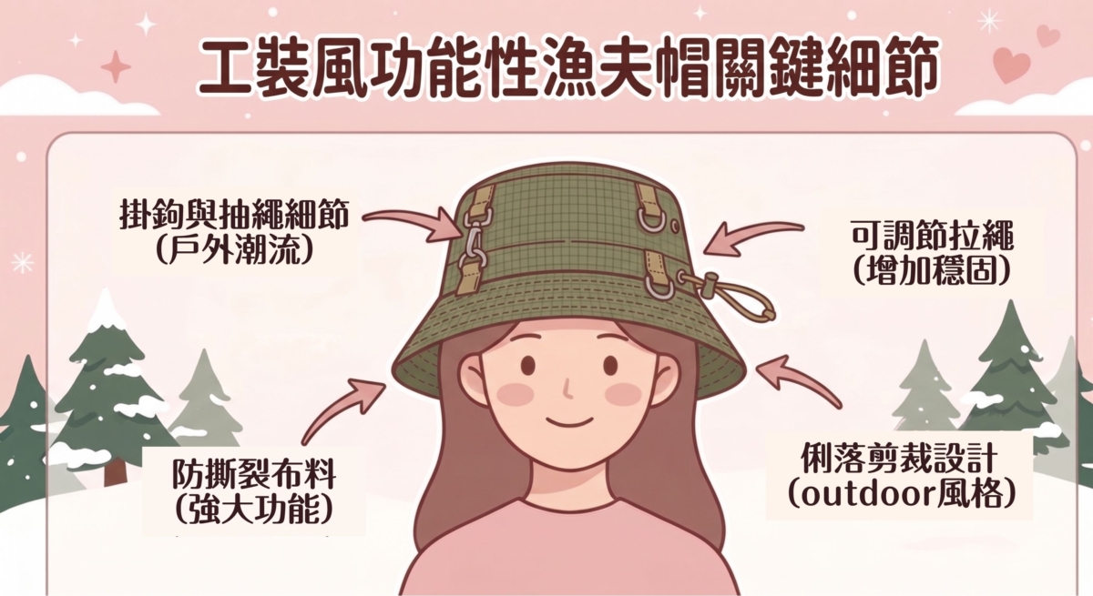 這類款式配有多個掛扣與抽繩細節，其強大的功能性與俐落剪裁，非常適合喜愛戶外活動與 outdoor 風格的穿搭。