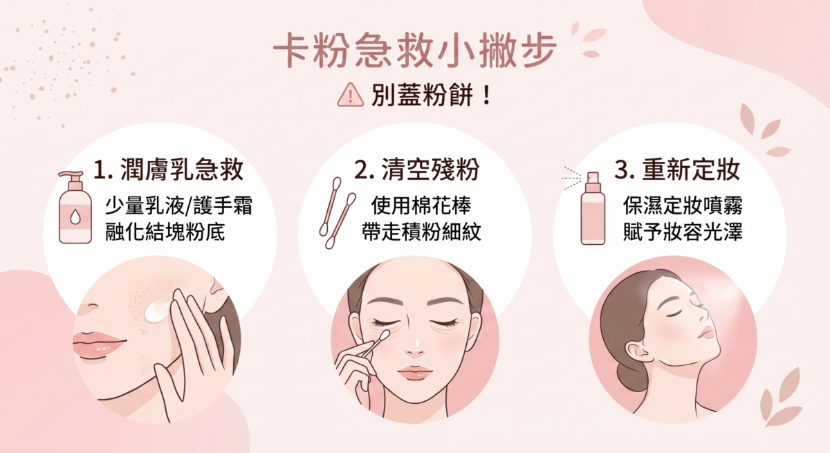 一張關於「卡粉」急救處理的教學圖解，步驟如下：1. 潤膚乳急救：使用少量乳液或護手霜，輕輕點壓以融化結塊的粉底。2. 清空殘粉：使用棉花棒輕輕帶走積聚在細紋內的粉痕。3. 重新定妝：使用保濕定妝噴霧，賦予妝容自然光澤並重新固定妝容。