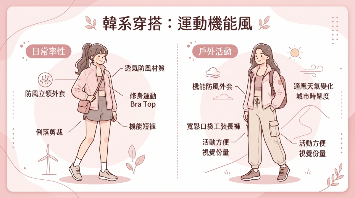 運動機能風穿搭可選擇防風立領外套、機能短褲，搭配修身運動 Bra Top 或緊身褲。