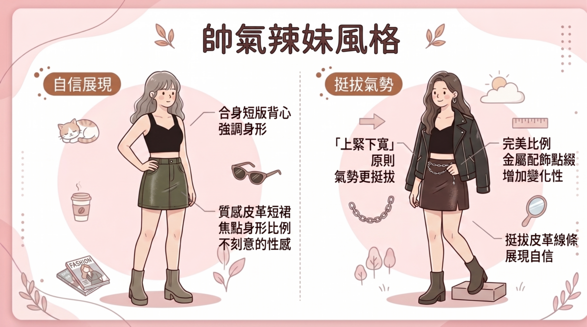 穿上一件質感皮革短裙，搭配合身的短版背心，能將焦點集中在身形比例上。