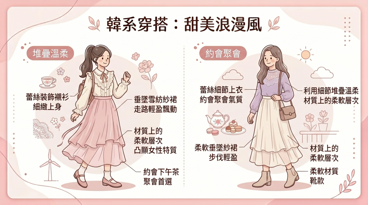 約會或下午茶聚會時，利用細節堆疊溫柔特質最有效。穿上一件帶有蕾絲裝飾的襯衫，能讓上半身看起來細緻許多。