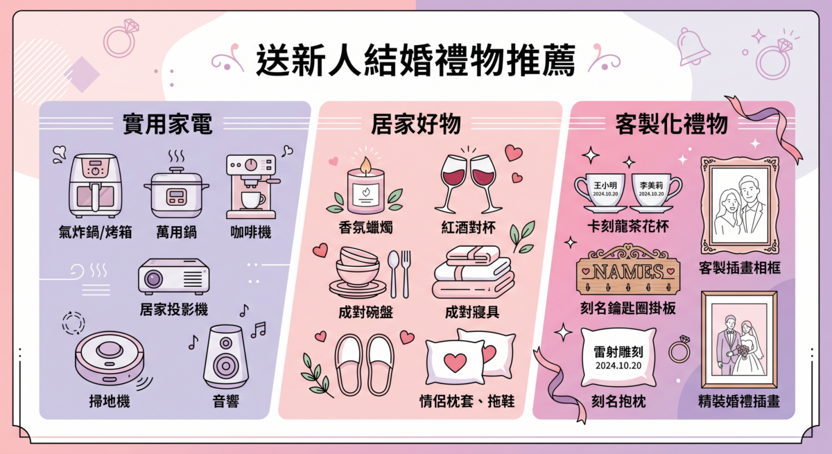 這張名為「送新人結婚禮物推薦」的資訊圖，將建議禮物分為三大類：第一類為氣炸鍋、掃地機等「實用家電」；第二類為香氛蠟燭、成對碗盤與寢具等「居家好物」；第三類則是刻名茶杯、客製化插畫相框與抱枕等具有紀念價值的「客製化禮物」。