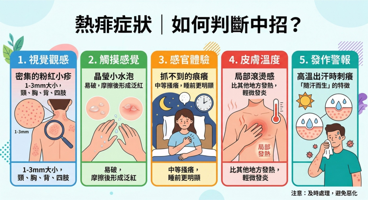 這是一張關於「熱痱症狀」的衛教資訊圖表，由左至右列出五大特徵：頸背四肢出現粉紅小疹、生易破的晶瑩小水泡、明顯的搔癢感、局部發燙發炎以及發作警報。