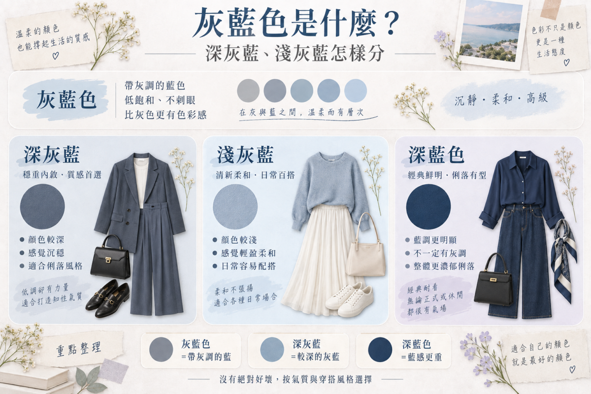 淺灰藍、深灰藍與純深藍3大藍色系差異對照圖,包含淺灰藍輕盈柔和、深灰藍沉穩低調與純深藍俐落濃郁的色彩調性與風格分析。