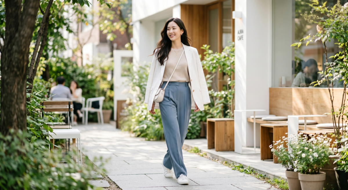 灰藍色搭配白色或米色最安全耐看，能自然穿出乾淨、柔和又有質感的清爽感。