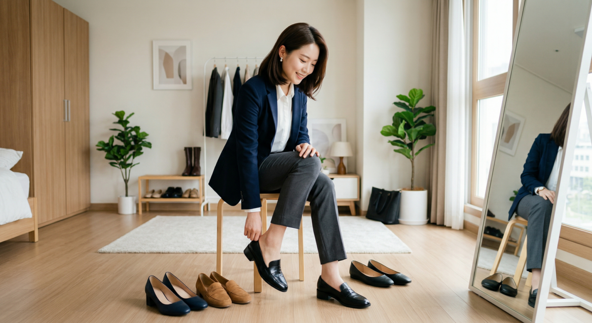 見工鞋子不一定要高跟，重點是乾淨簡單、走得穩又得體，平底鞋和低跟鞋其實都很適合。