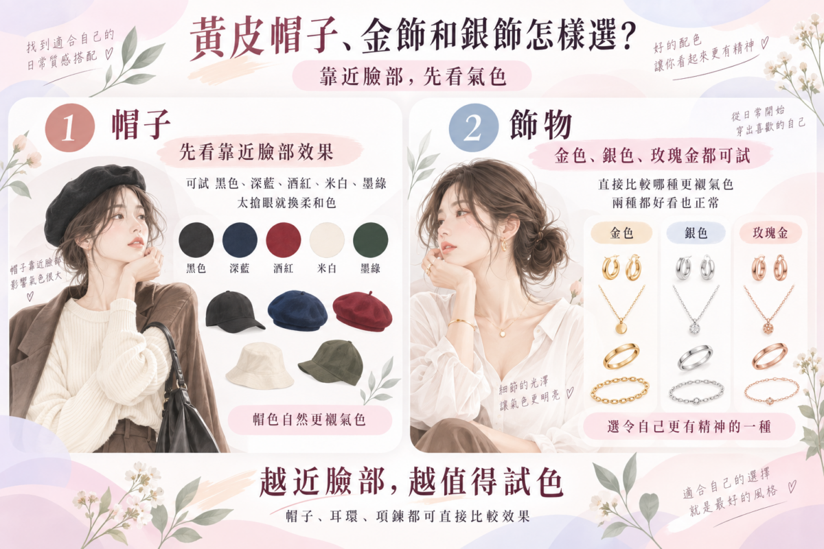 黃皮帽子與金銀飾品選色指南圖解,包含帽子顯白推薦色與金飾銀飾配戴氣色效果對照。