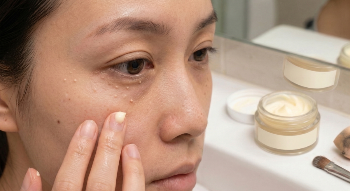 眼油脂粒在醫學上稱為粟丘疹，其表面平滑且通常呈白色，主要是由角質蛋白堆積在毛囊皮脂腺開口處所形成，並非單純由脂肪組成。