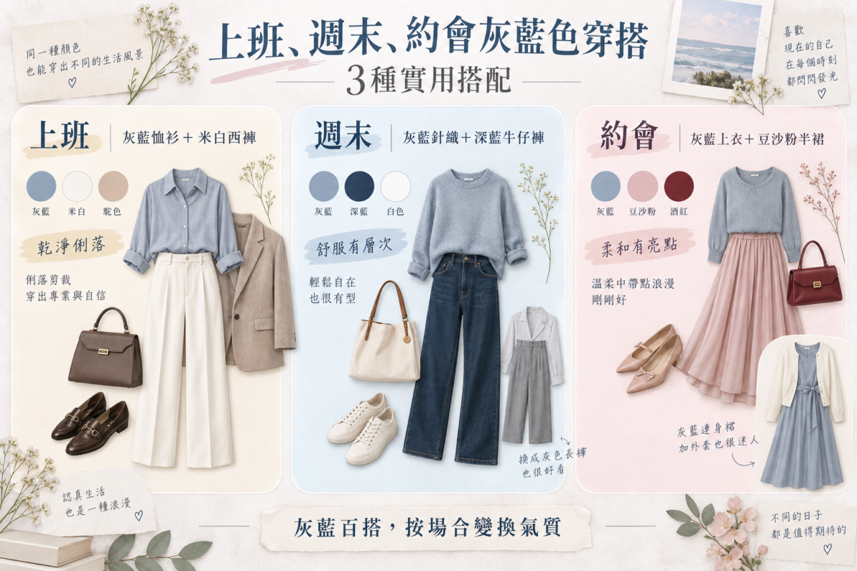 灰藍色3大場合穿搭指南圖解,包含上班俐落風、週末休閒風與約會柔和風的單品組合與配件建議。