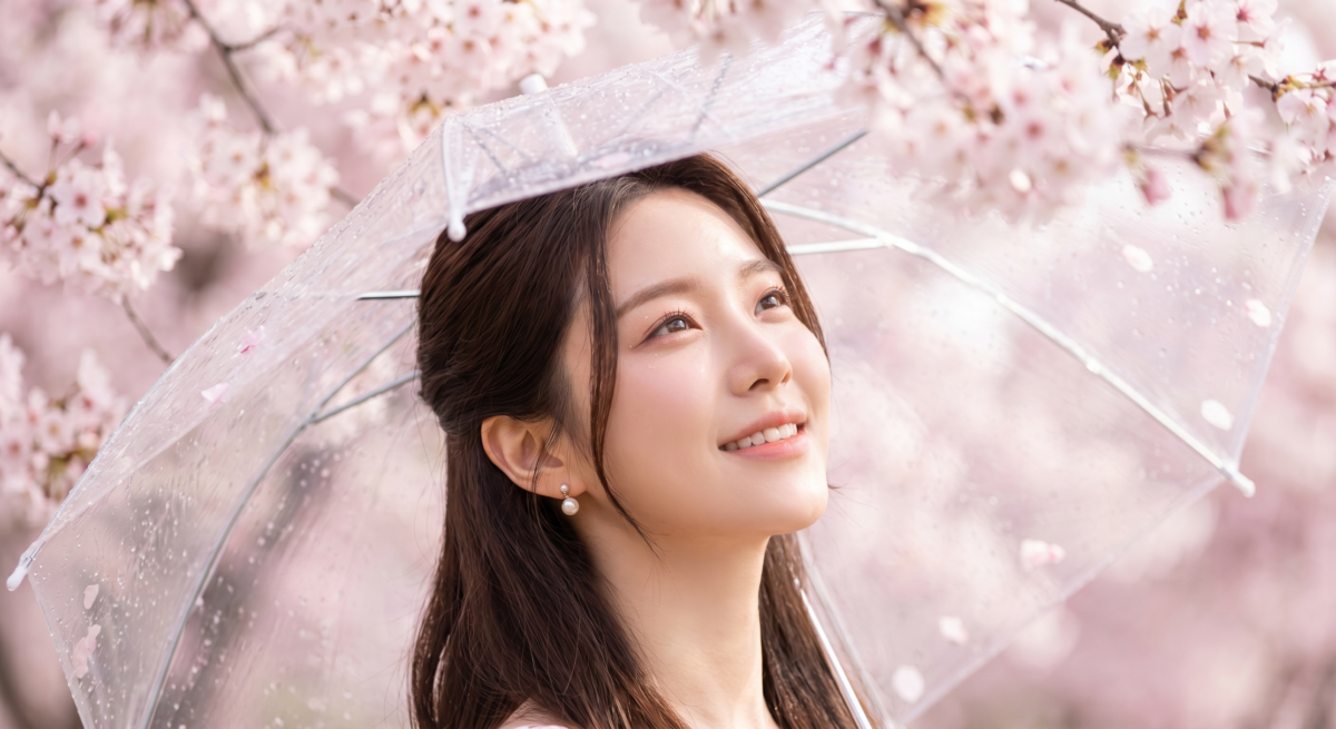拍櫻花想更上鏡，可用珍珠耳環、帽子或透明雨傘等輕巧配件，配合乾淨透亮妝容和雪紡、針織、棉麻等輕盈材質，營造自然又有春日感的畫面。