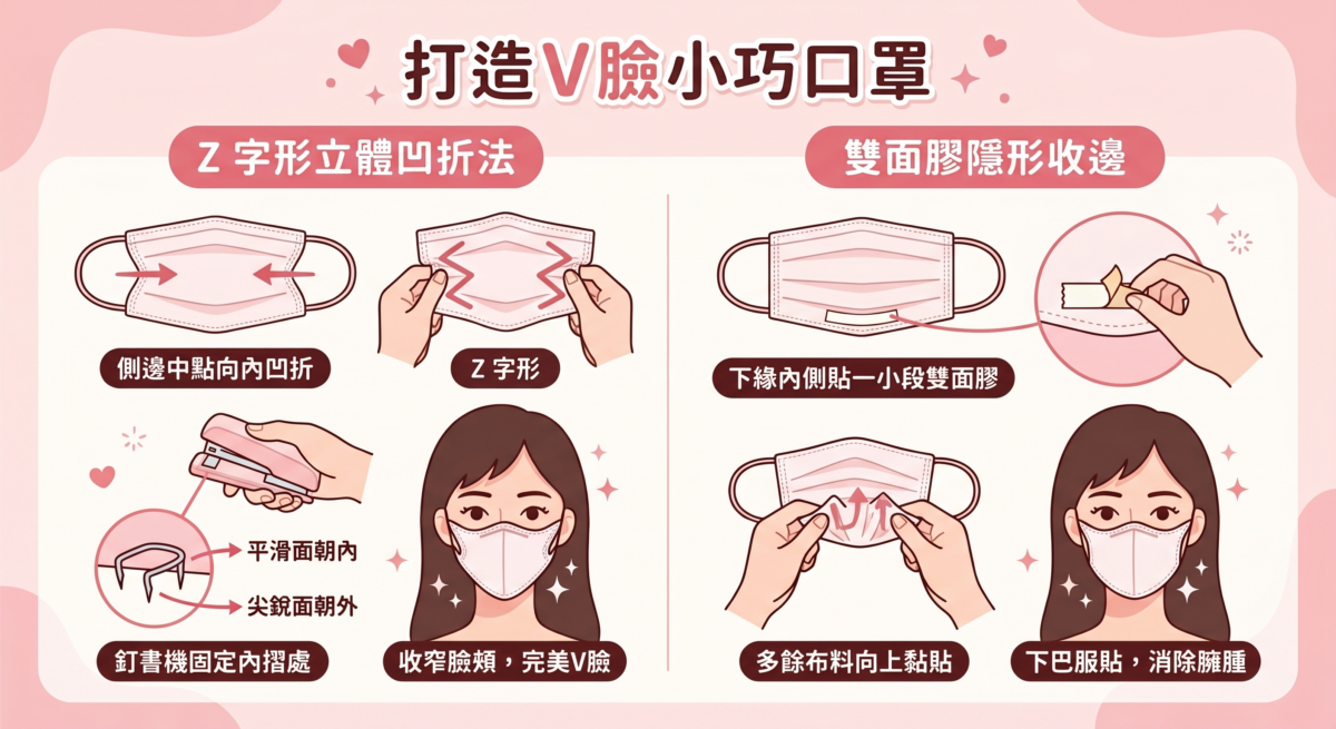 一張圖解介紹兩種讓口罩呈現 V 臉效果的方法。左側為「Z 字形立體凹折法」：側邊中點向內凹折，形成 Z 字形凹摺，用釘書機固定內摺處；。右側為「雙面膠隱形收邊」：下緣內側貼一小段雙面膠，多餘布料向上黏貼。