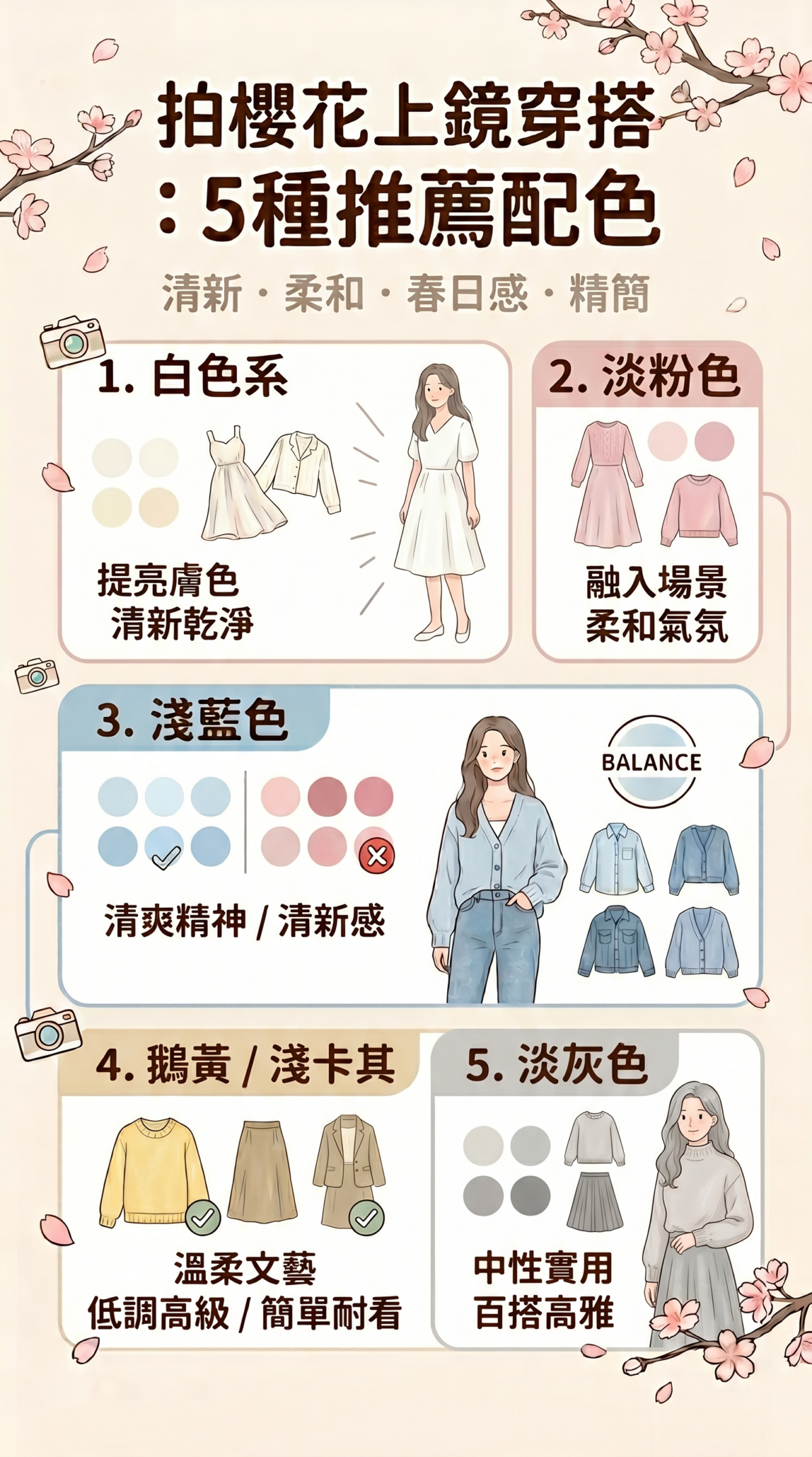 櫻花攝影穿搭配色推薦圖表：展示白色、淡粉、淺藍、鵝黃及淺灰色五種最上鏡顏色，並標註各色系的視覺效果與推薦優點。