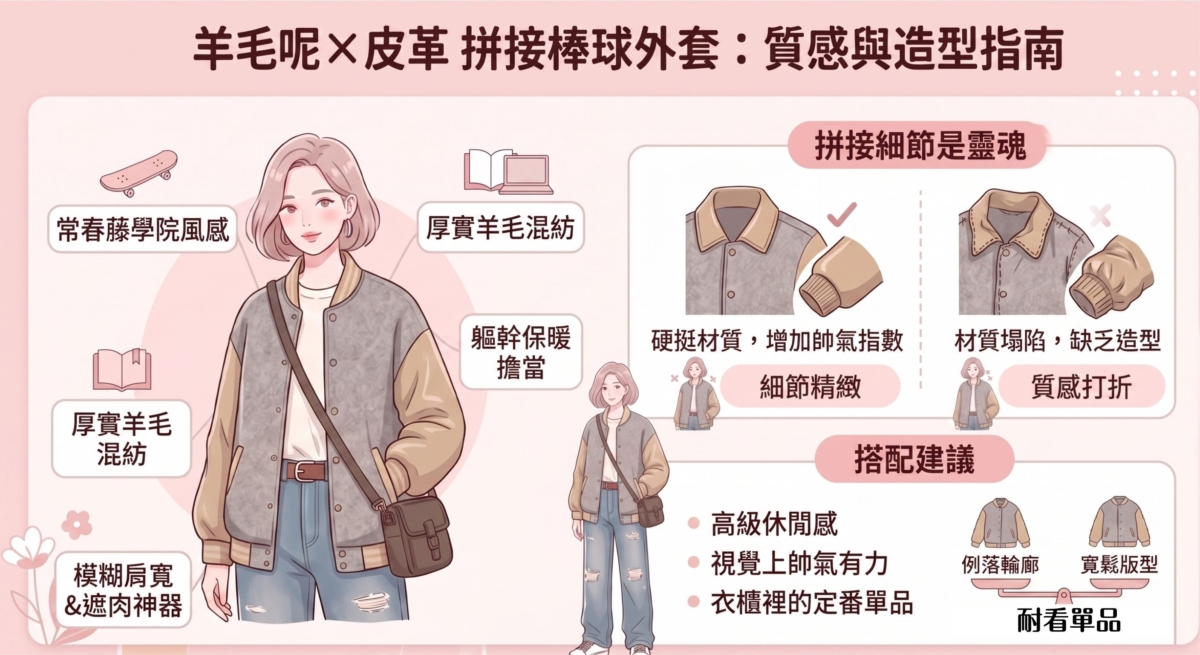 羊毛呢混紡面料是秋冬的保暖擔當，厚實的質感一穿上就能展現高級休閒感，能營造出濃厚的常春藤學院風，讓你在寒冷天氣下依然有精神。