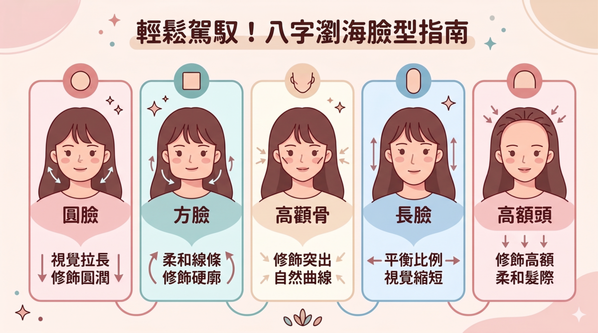 八字瀏海臉型指南資訊圖,展示了圓臉、方臉、高顴骨、長臉和高額頭在剪裁八字瀏海後如何修飾臉部線條和比例。