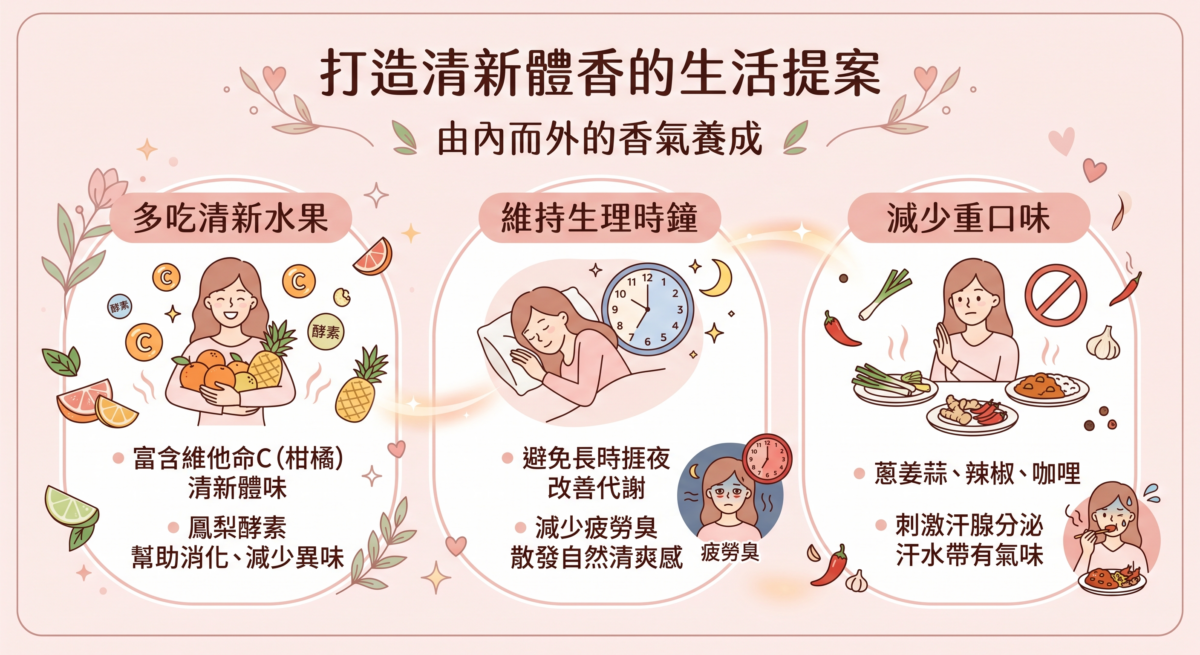 妳吃進去的食物與生活習慣，真的會影響妳流出來的汗！想要身體自然散發清爽感，生活細節也要「調頻」。