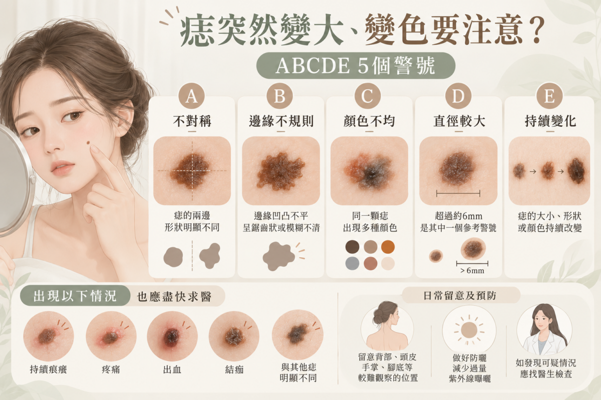 痣的ABCDE警號圖解，顯示不對稱、邊緣不規則、顏色不均、直徑較大及持續變化5個可疑痣警號，並提醒留意痕癢、出血、結痂等異常情況及適時求醫。
