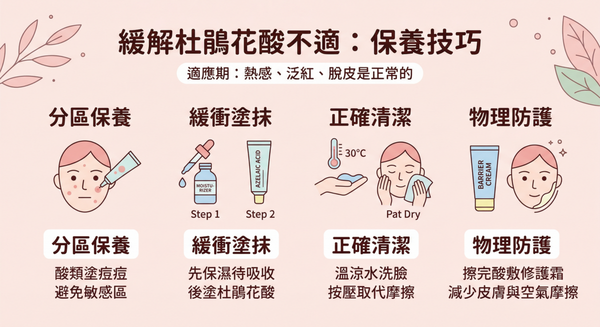 這是一張標題為「緩解杜鵑花酸不適：保養技巧」的資訊圖表，提醒適應期出現熱感、泛紅、脫皮屬正常現象，並列出四大技巧。