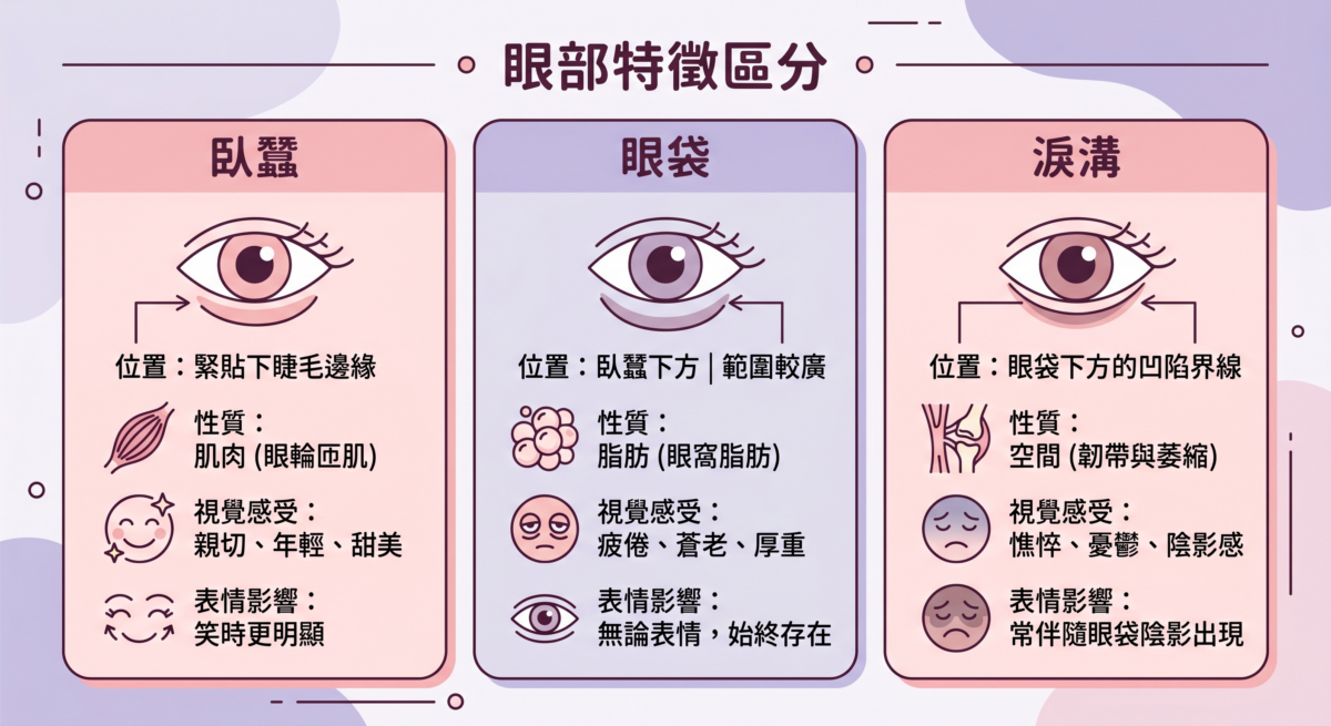 這張圖展示了「眼部特徵區分」，對比了臥蠶、眼袋與淚溝的差異。