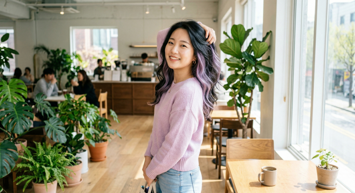 薰衣草紫自帶柔霧感，配上黑髮不會太突兀，也能修飾膚色暗沉，做局部挑染時特別自然又有特色。