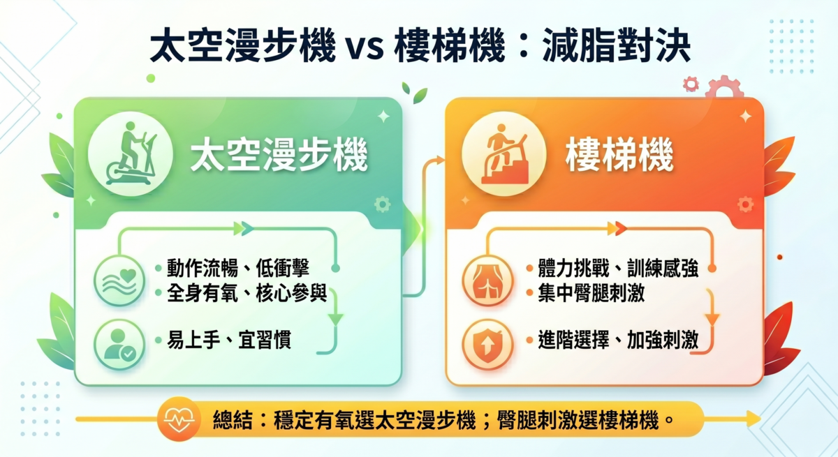 太空漫步機與樓梯機減脂效果對比圖：圖解兩者對臀腿肌肉的刺激程度差異，並標示初學者與進階者的選擇建議。