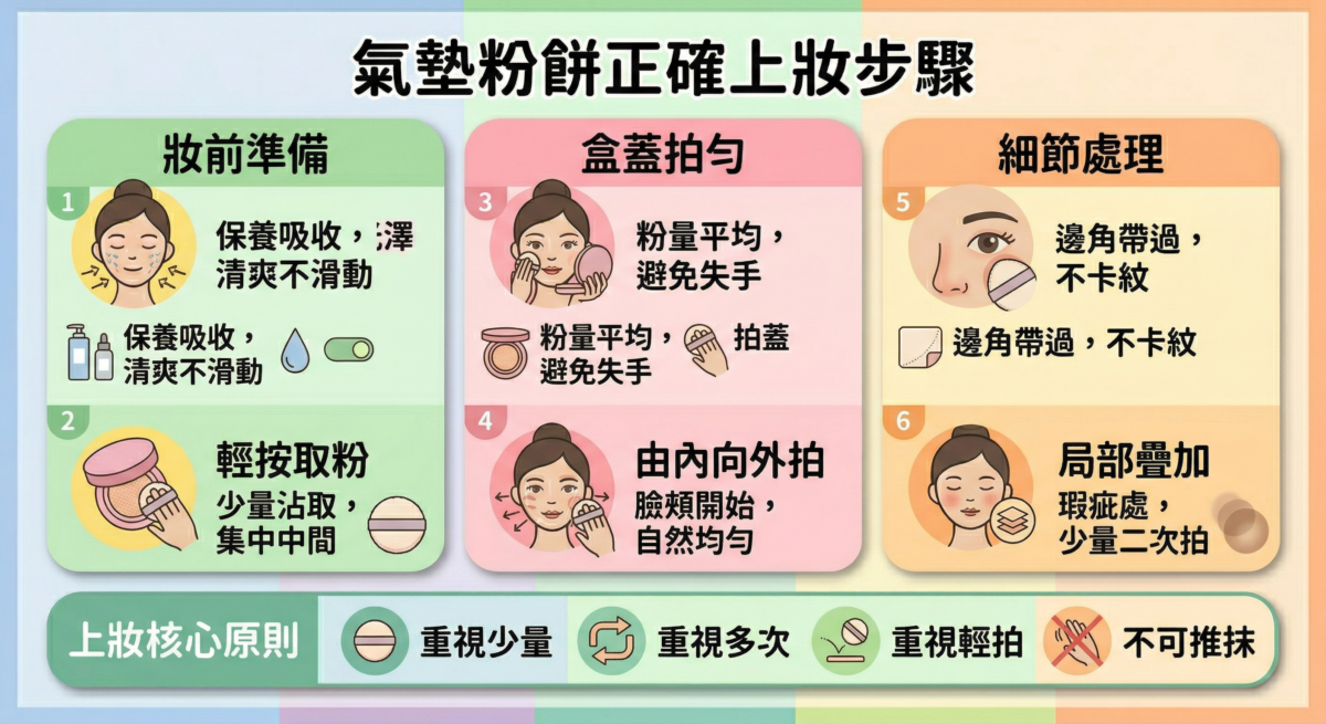 氣墊粉餅正確上妝教學流程圖:包含妝前保養、輕按取粉、盒蓋拍勻、由內向外輕拍、細節餘粉帶過及局部疊加等 6 個步驟,並強調少量多次的化妝技巧。