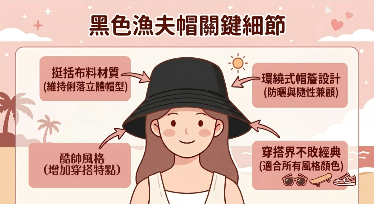 在漁夫帽的世界中，黑色屬於穿搭界的不敗經典，幾乎適合所有風格與顏色。