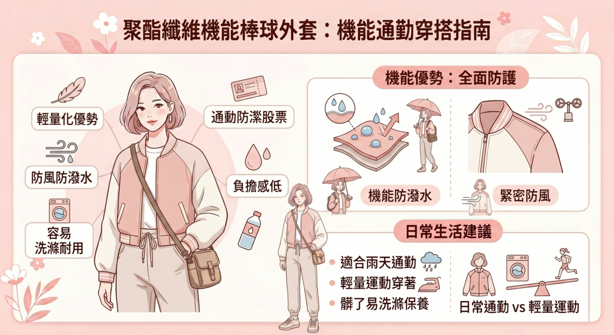 聚酯纖維材質是機能派的首選，除了具備輕量化優勢外，聚酯纖維與尼龍材質因防風防潑水特性，非常適合雨天通勤。